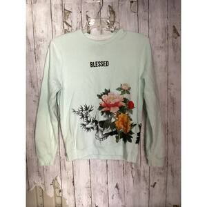 Blind Rooster Women's Pullover Sweatshirt Blessed Skull Roses Multicolor Small